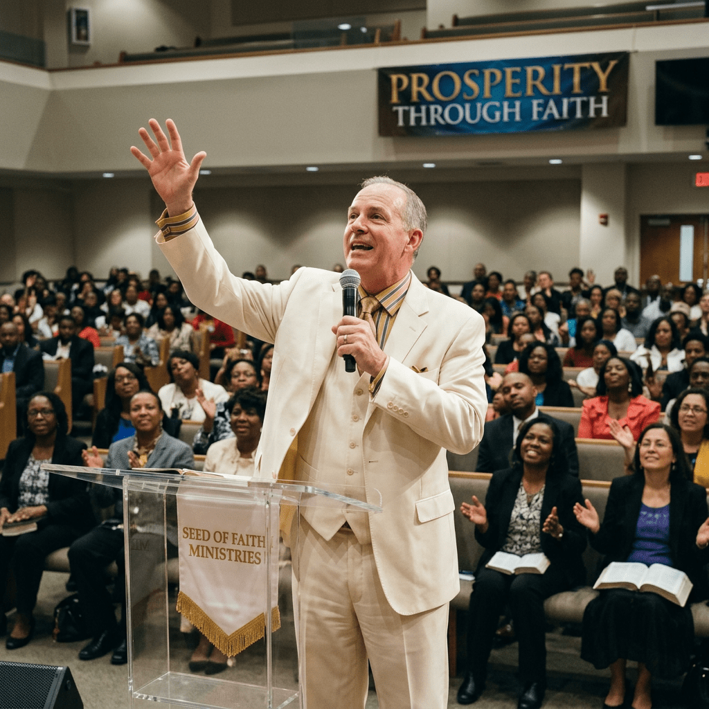 Preacher in cream suit speaking to congregation at Seed of Faith Ministries