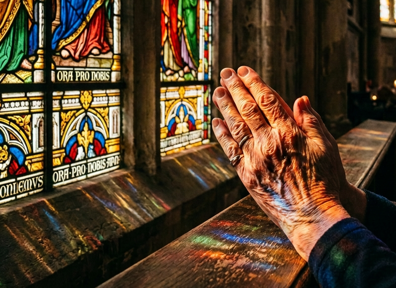 Hands holding a wooden rosary praying near stained glass windows casting colorful light